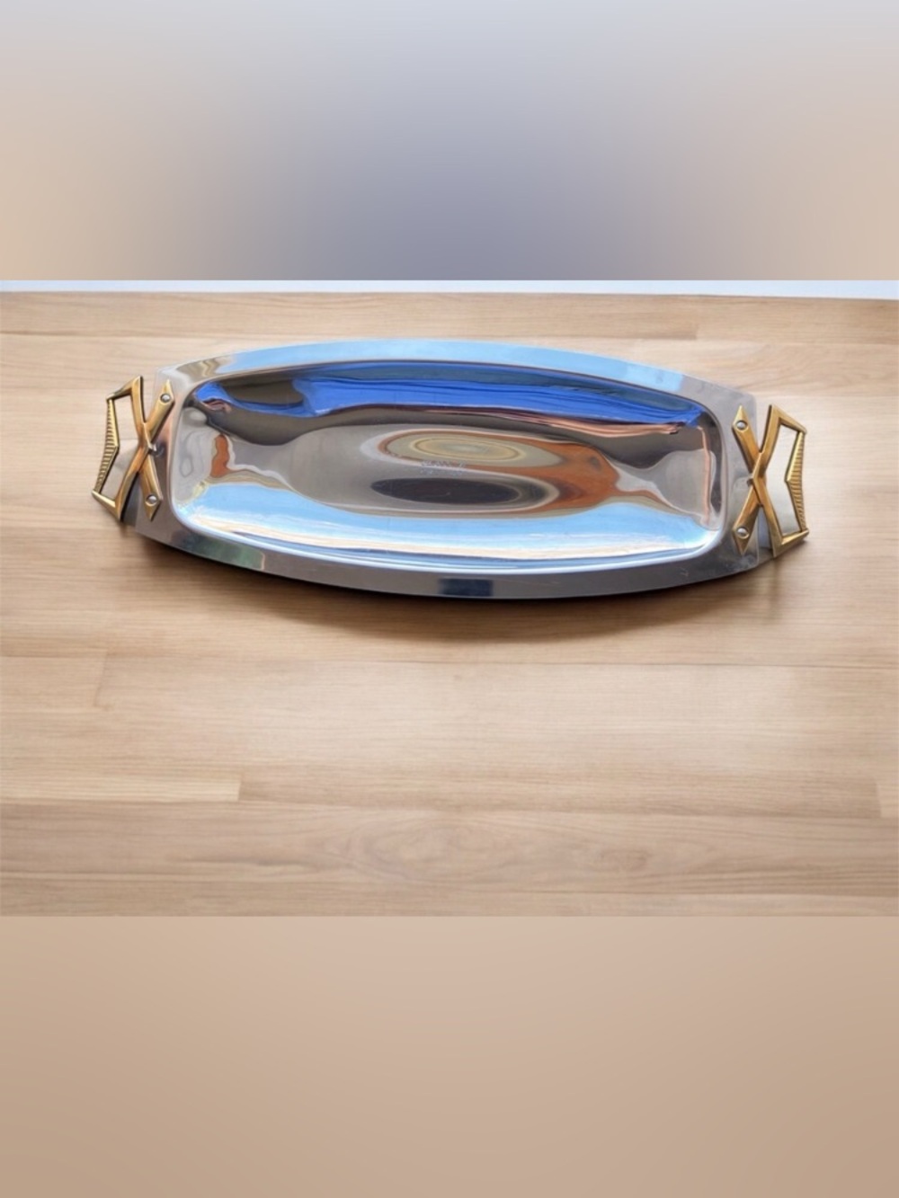 Vintage 1960s MCM Kromex Chrome Long Serving Tray Brass Ornate Handles